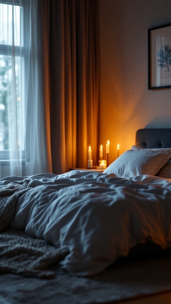 Cozy bedroom with soft ambient lighting and candles on the bedside table.