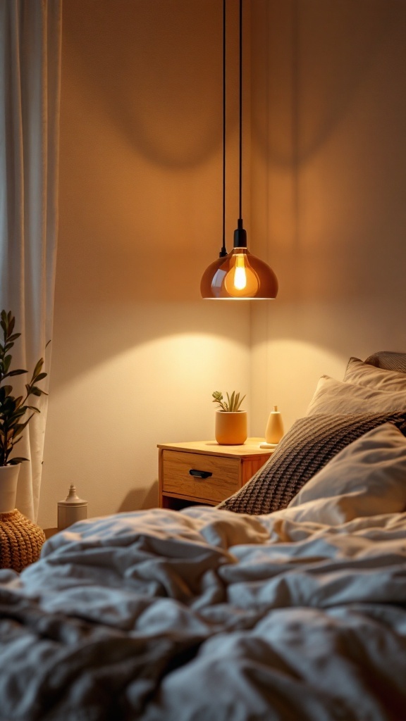 A cozy bedroom with a hanging pendant light illuminating the space, featuring a bed and wooden furniture.
