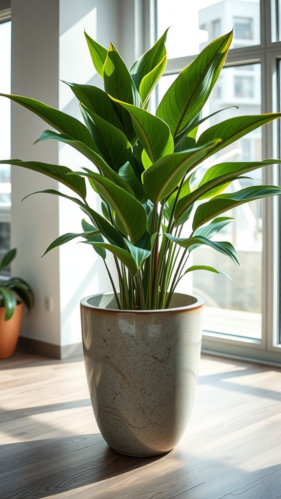 A stylish, large plant pot with a lush green plant inside, placed near a window.