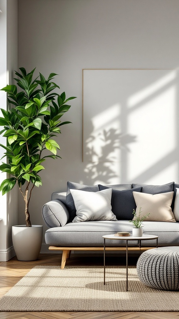 A modern living room featuring a gray sofa, a small coffee table, and a large indoor plant, emphasizing sustainable minimalism.