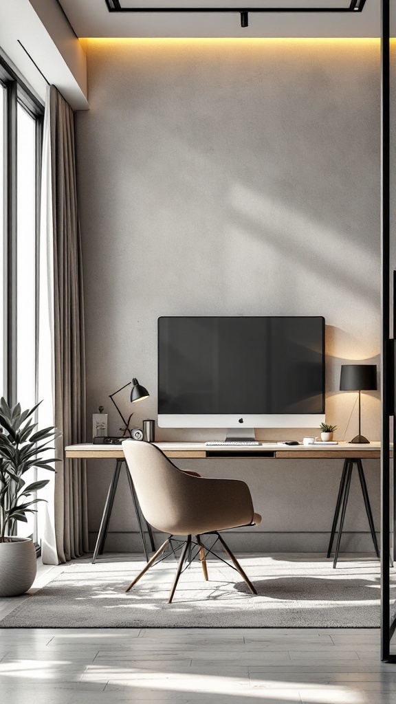 A modern workspace featuring an iMac, stylish chair, and ambient lighting.