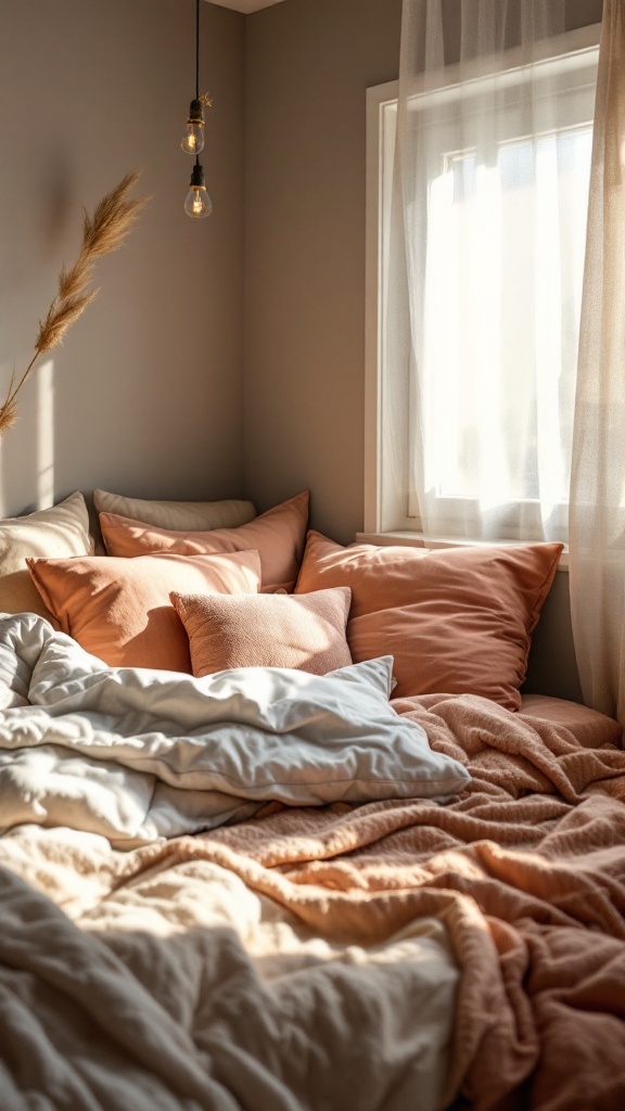 A cozy corner in a small bedroom featuring layered pillows and blankets in soft peach and cream tones with natural light.