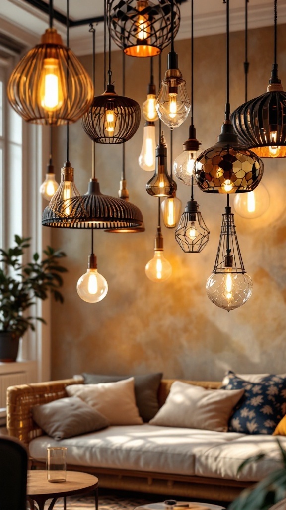 A collection of unique hanging light fixtures in a cozy living room setting.