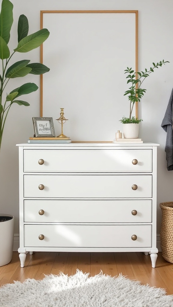 A stylish upcycled dresser with a white finish and gold knobs, decorated with plants and framed artwork.