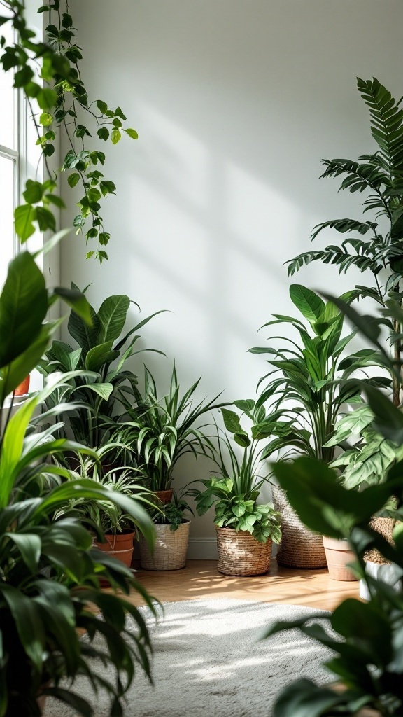 A cozy indoor space filled with various potted plants and natural light.