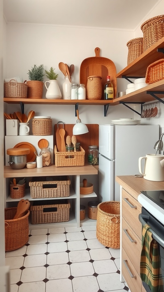 A small kitchen organized with baskets and containers on shelves.