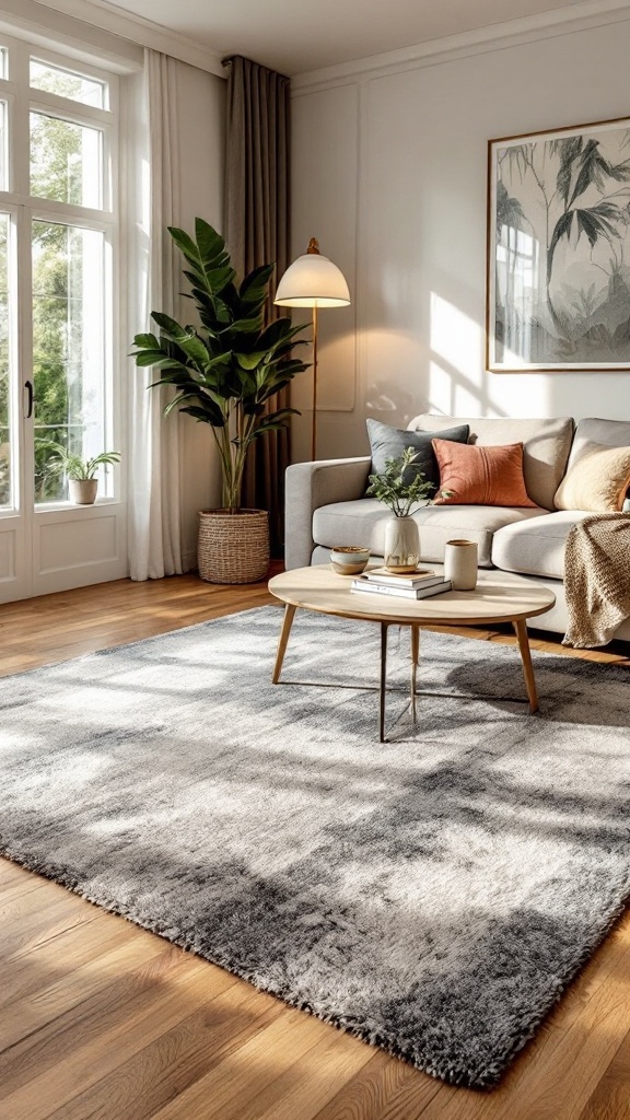 A cozy living room featuring a plush area rug, a gray sofa, and a round coffee table, with large windows allowing natural light in.