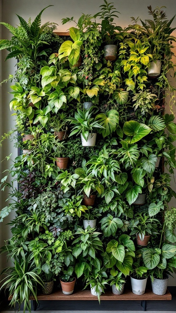 A vibrant vertical plant wall filled with various types of greenery and colorful plants.