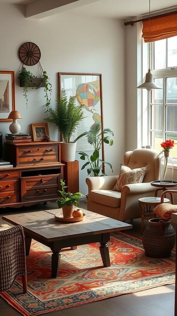 A cozy living room featuring vintage furniture, a wooden coffee table, an armchair, and plants.