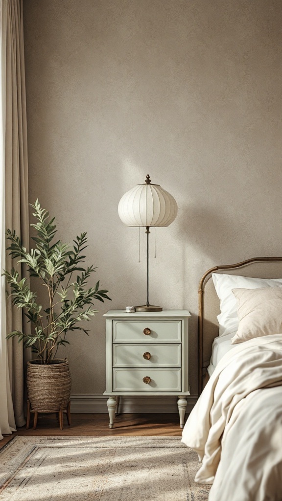 A cozy bedroom corner featuring a vintage nightstand, a soft lamp, and a potted plant.