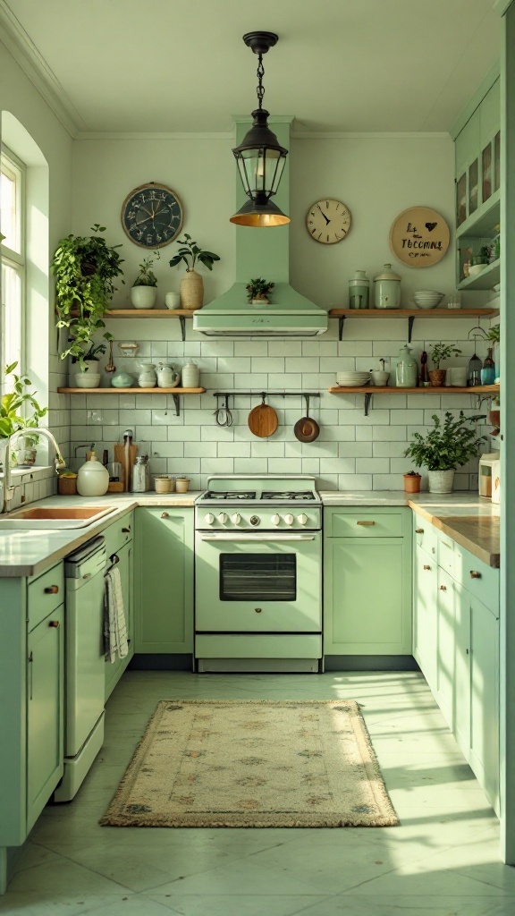A vintage kitchen design featuring sage green cabinets, wood countertops, and open shelves filled with plants and dishware.