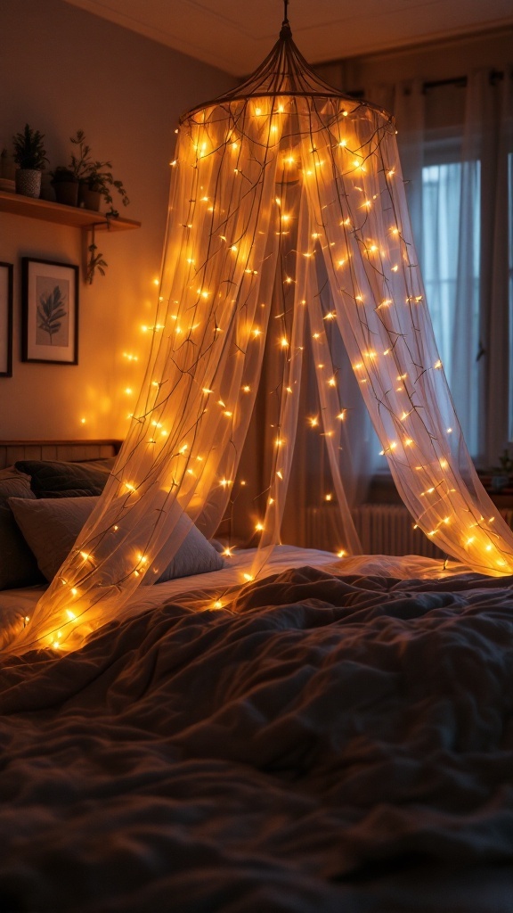 A cozy bedroom with a fairy light canopy hanging from the ceiling, draped with soft fabric and glowing lights.