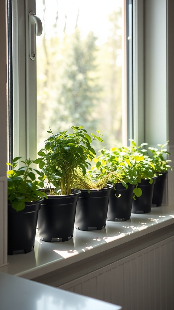 A bright window sill with several pots of fresh herbs basking in sunlight.