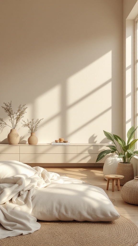 A serene and minimalistic interior showcasing natural materials and soft colors.