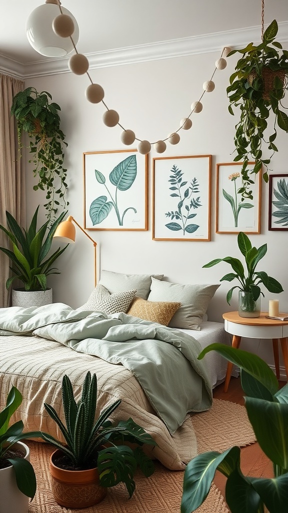 A serene bedroom featuring sage green decor, botanical prints on the wall, and various plants to create a calming atmosphere.