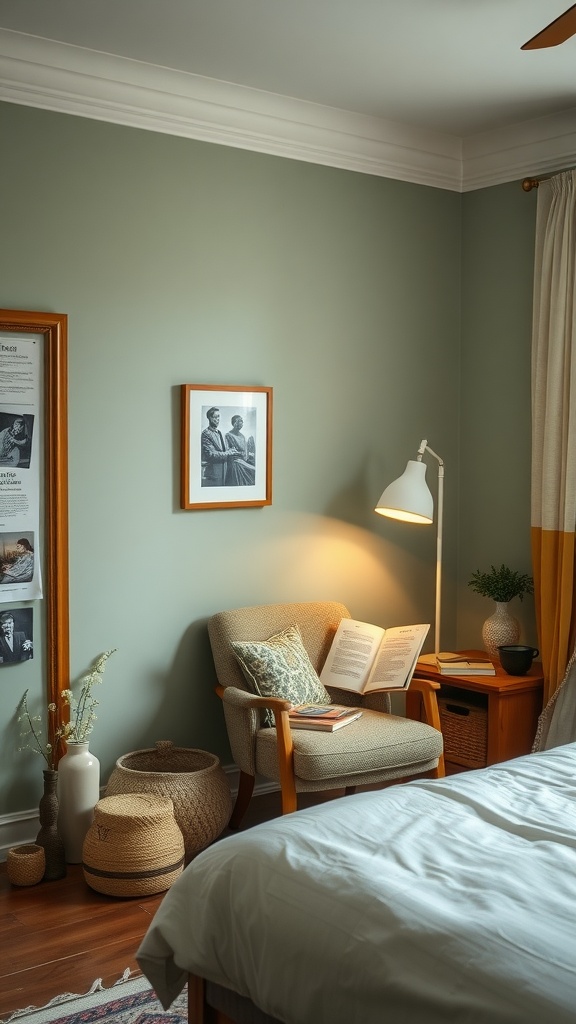 Cozy reading nook in a sage green bedroom featuring an armchair, lamp, and books.