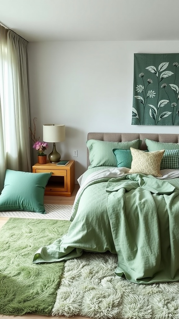 A sage green bedroom featuring layered textures, including a bed with various green cushions, throws, and a fluffy rug.