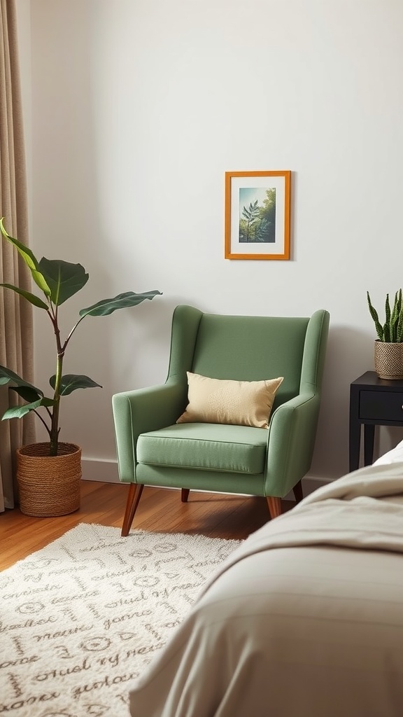 A cozy sage green accent chair with a pillow, next to a potted plant and a framed picture in a bright bedroom.