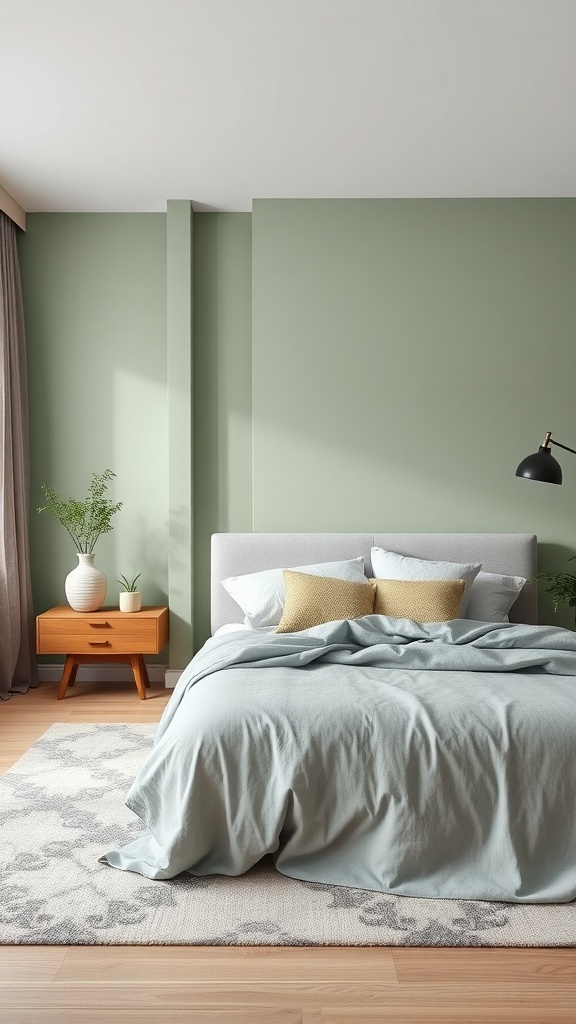 A serene bedroom featuring sage green walls, gray bedding, and wooden furniture.