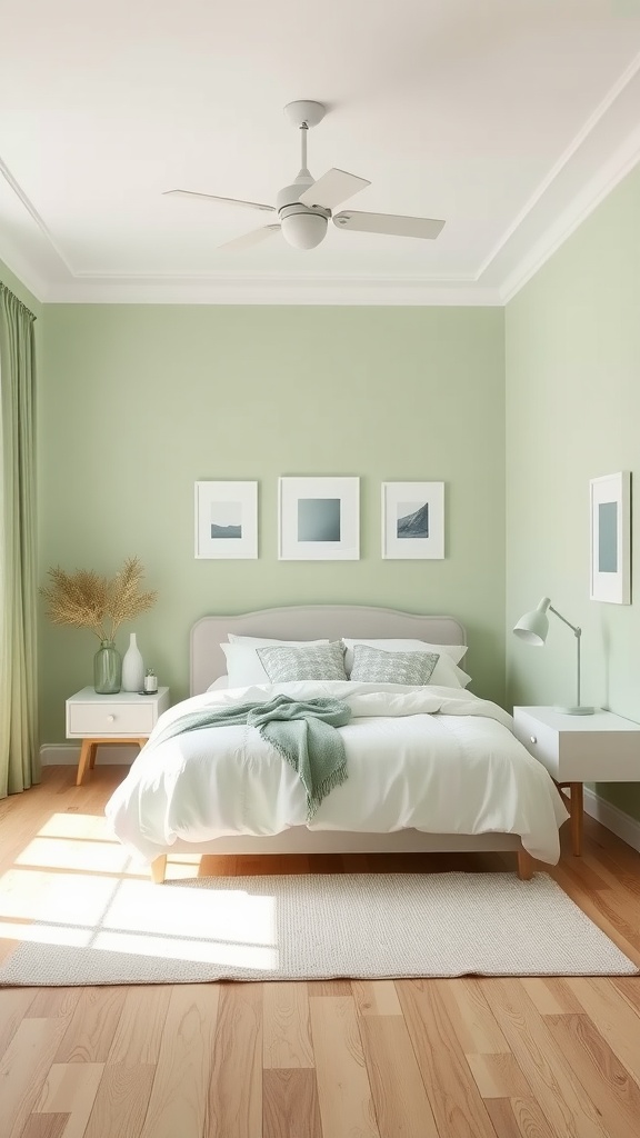 A serene bedroom featuring sage green walls, white bedding, and light wood flooring.