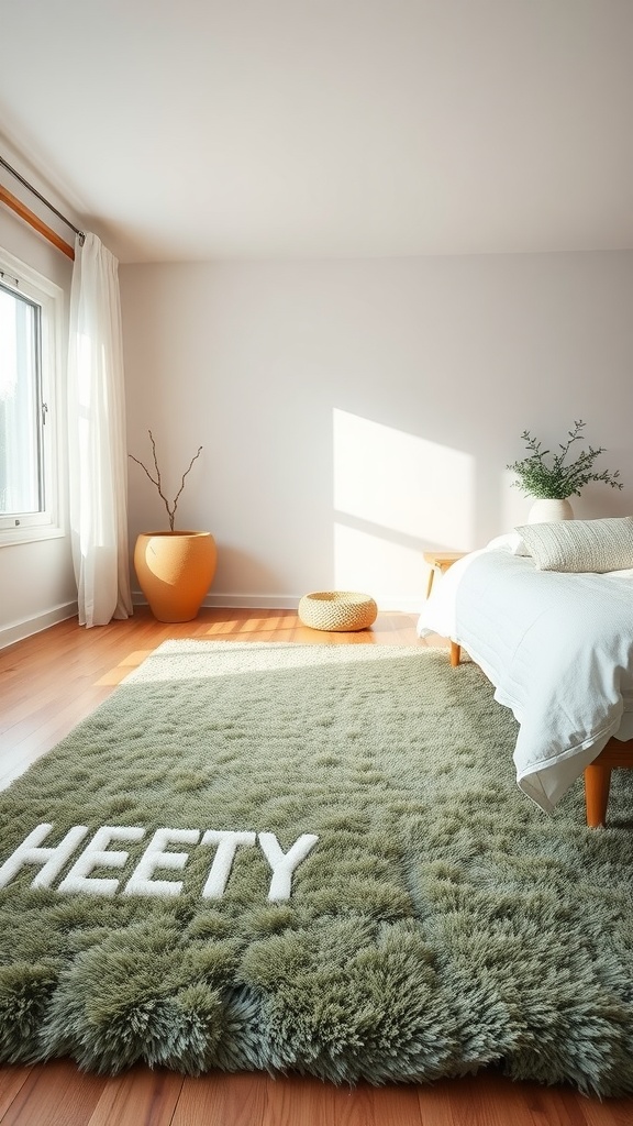 A plush sage green area rug with the word 'HEETY' on it, placed under a cozy bed in a tranquil bedroom setting.