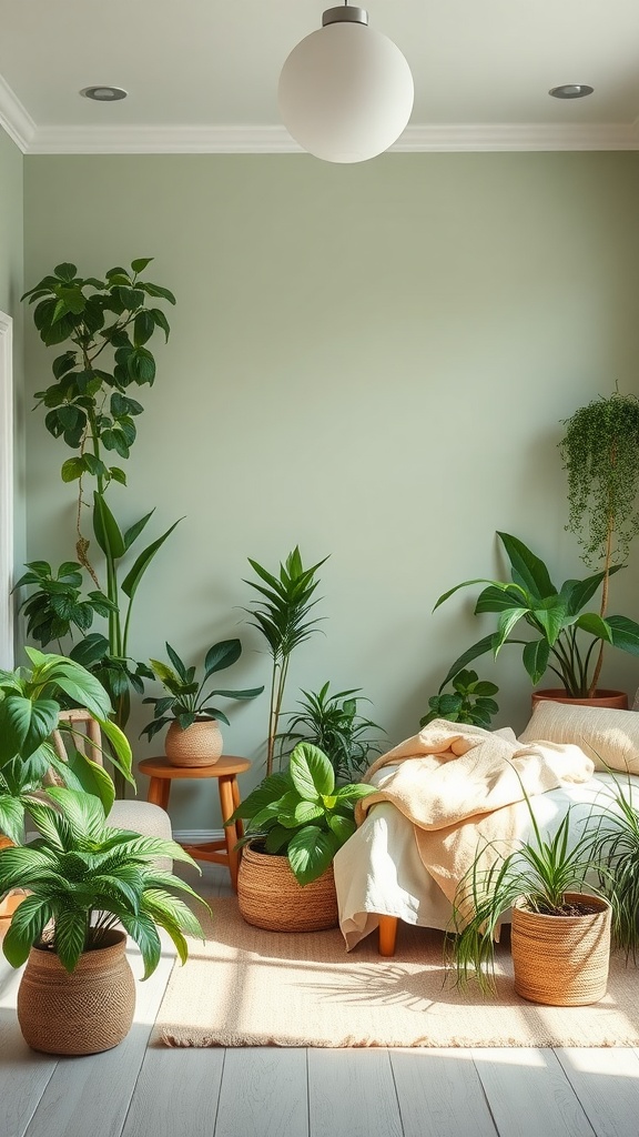A serene bedroom with sage green walls and various indoor plants in decorative pots.