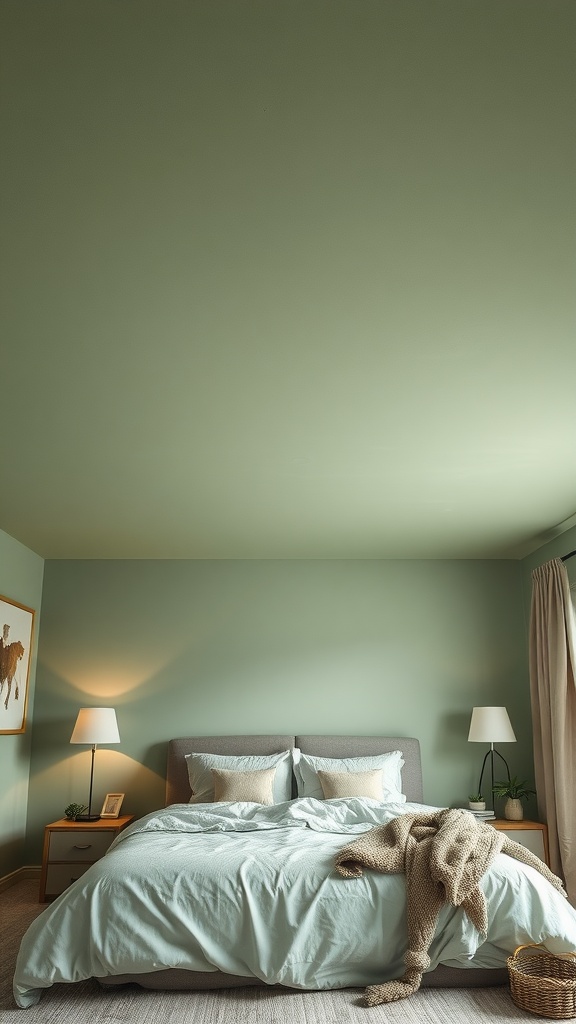 A cozy bedroom with sage green ceiling and walls, featuring a bed with light blue bedding and warm lamps.