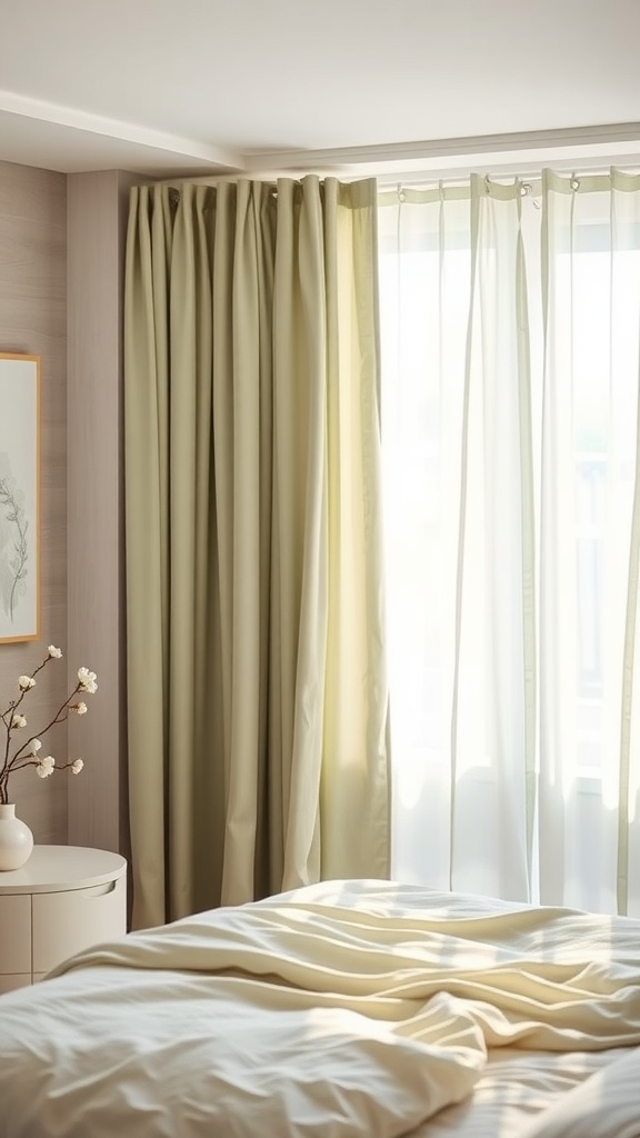 Bedroom with sage green curtains letting soft light in through a window.