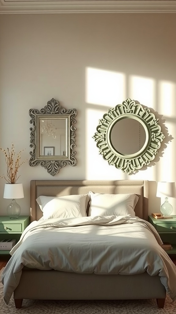 A serene sage green bedroom with decorative mirrors.