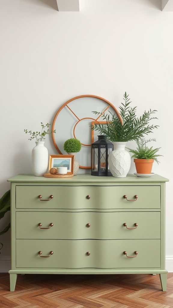 A sage green dresser styled with plants and decor elements in a cozy bedroom setting.