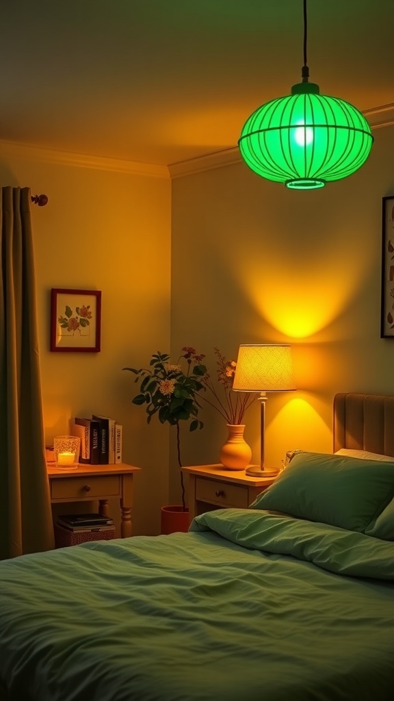 A cozy bedroom featuring a green pendant light, soft sage green bedding, and warm lighting.