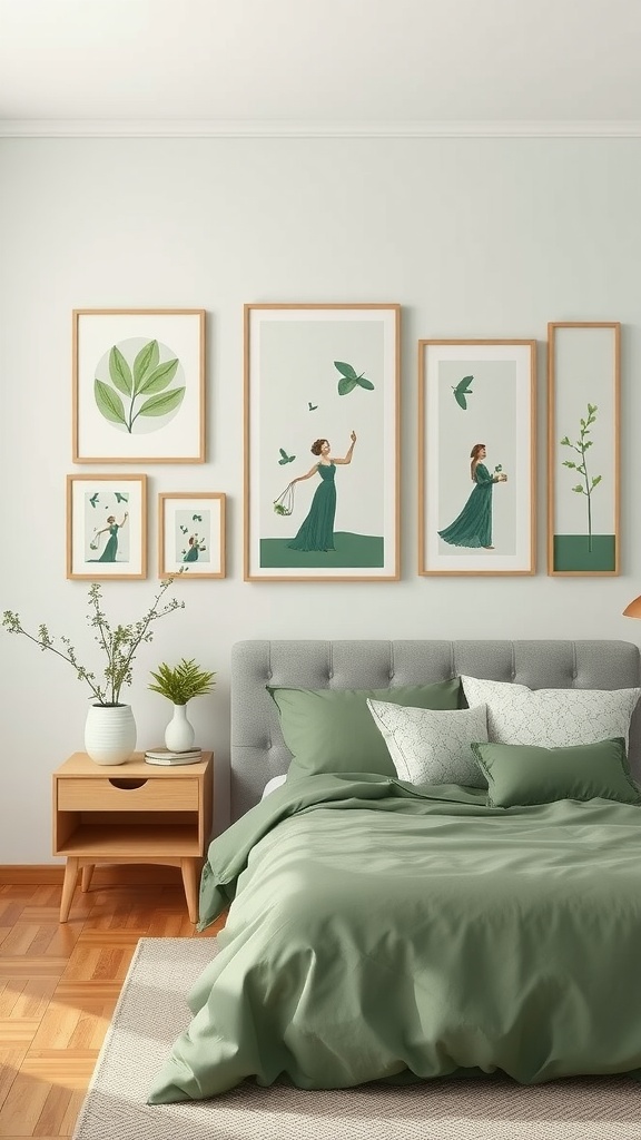 A serene sage green bedroom featuring a gallery of wall art with nature motifs and graceful figures.