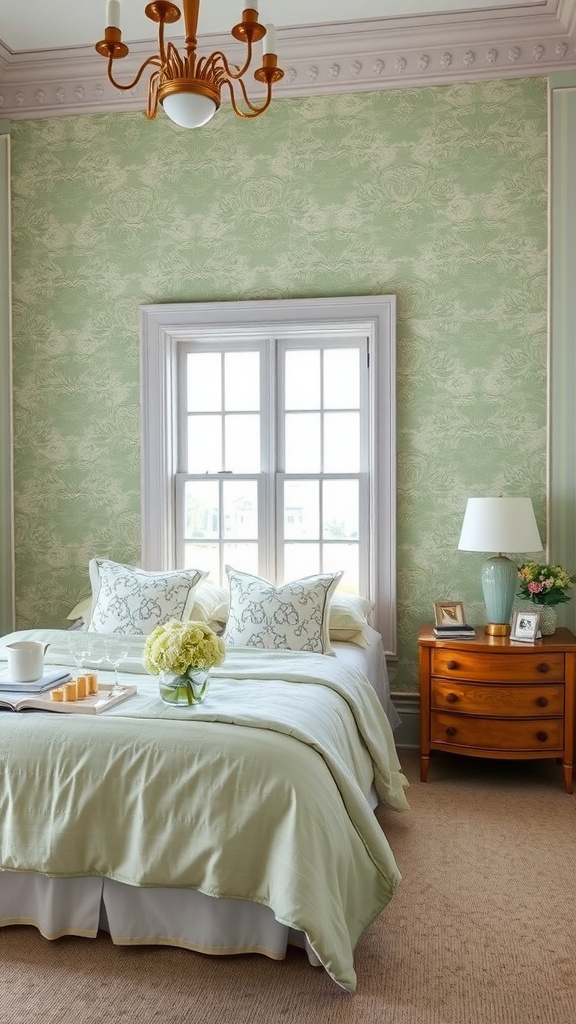 A serene bedroom featuring sage green wallpaper with elegant patterns, a comfortable bed, and stylish decor.
