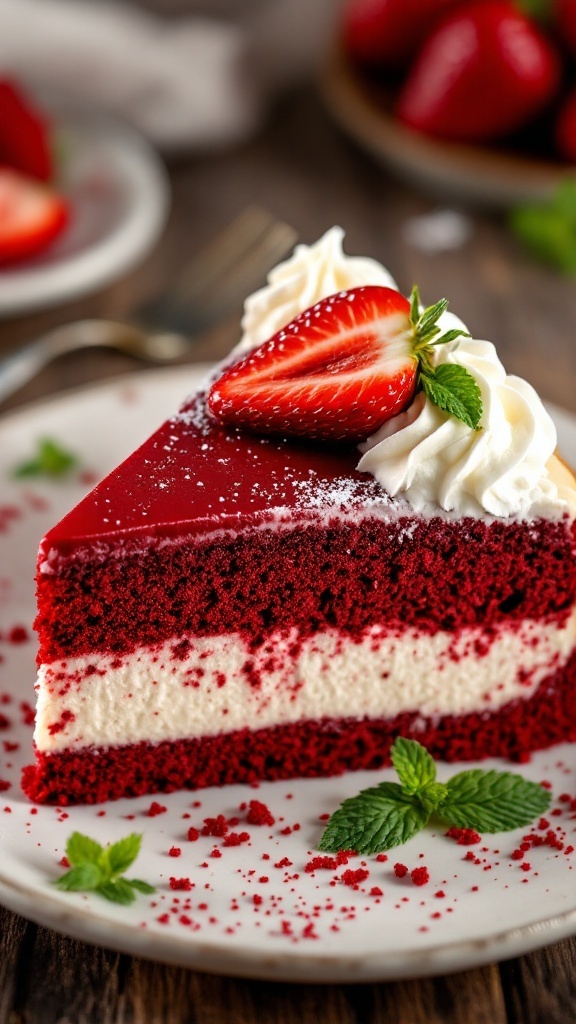 Slice of red velvet cheesecake with whipped cream and strawberries on a rustic wooden table.