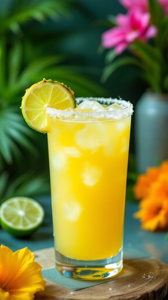 A refreshing pineapple margarita in a salt-rimmed glass, garnished with lime, on a tropical backdrop.