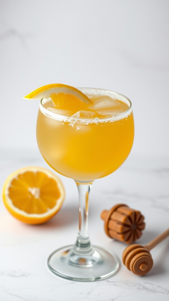 A refreshing Bees Knees cocktail with a lemon slice and honey dipper on a marble surface.