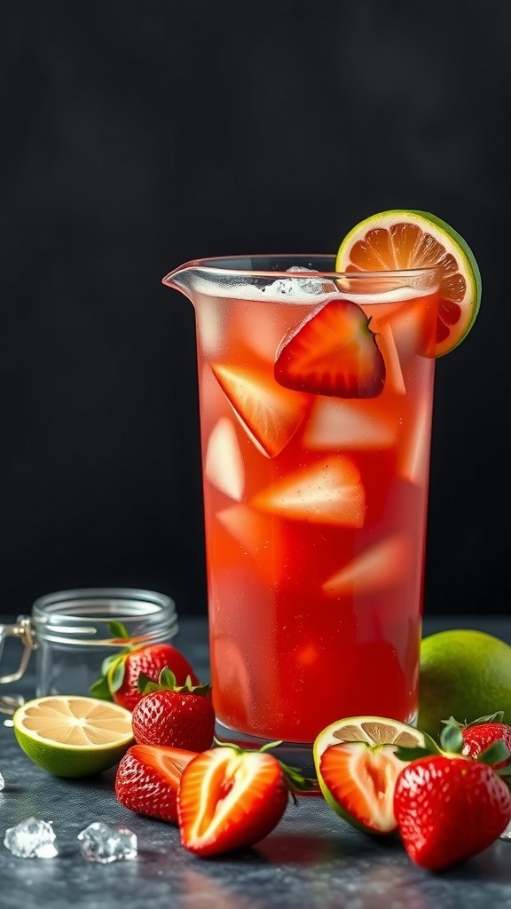 A pitcher of strawberry margarita with fresh strawberries and lime slices