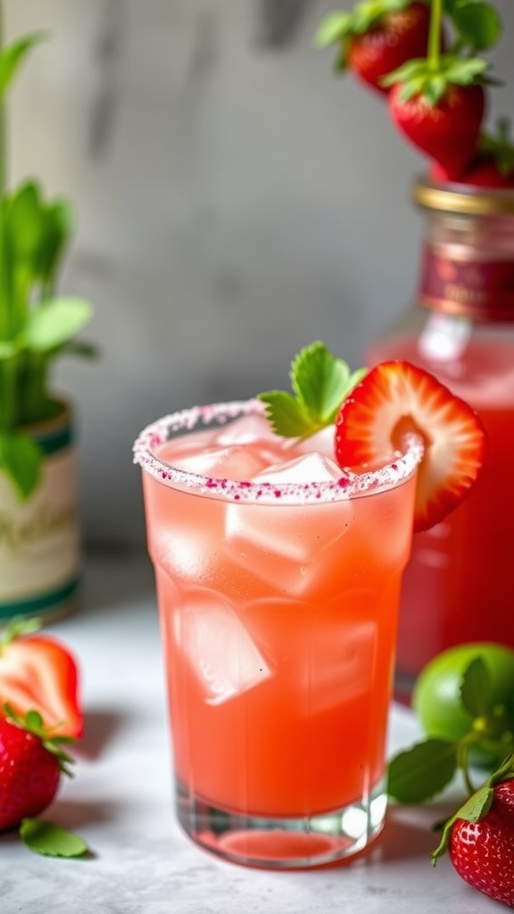 A refreshing strawberry margarita with ice, garnished with a strawberry and mint