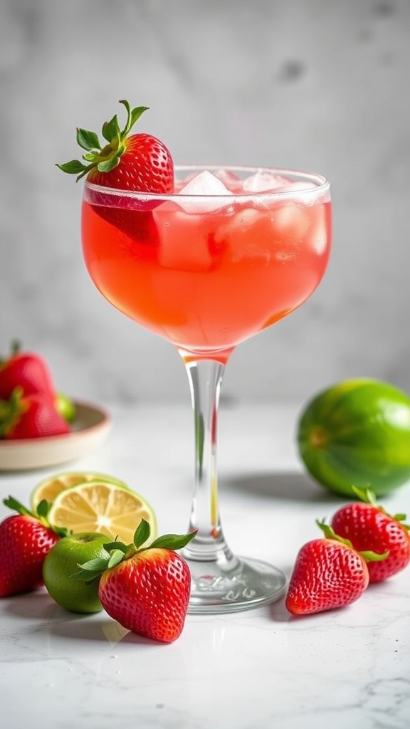A refreshing strawberry margarita garnished with strawberries and lime, served in a glass, with more strawberries and limes around it.