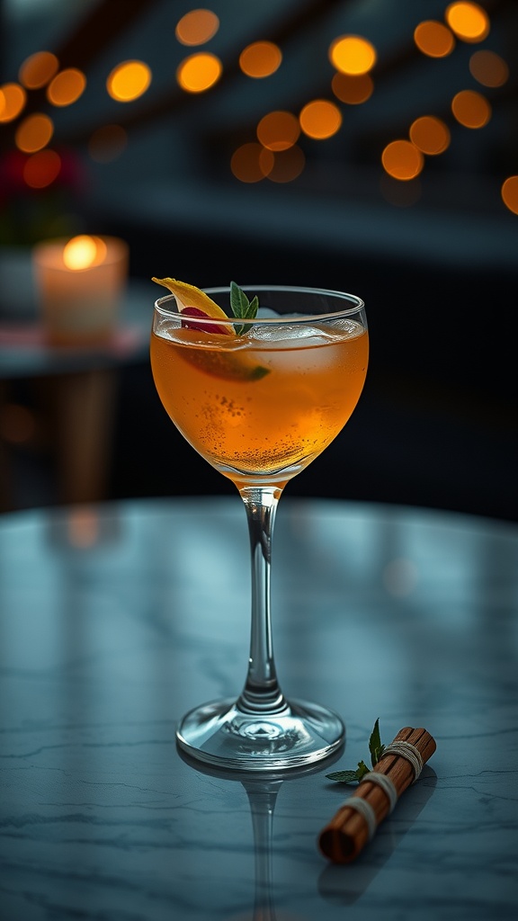 A beautiful cocktail with a garnish, sitting on a marble table.