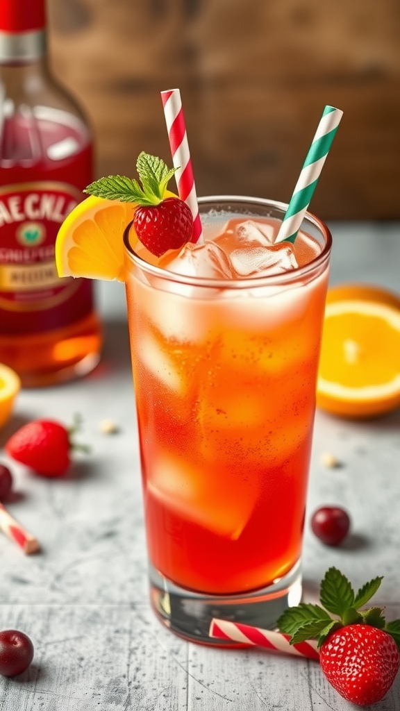 A colorful Dirty Shirley cocktail with a pink umbrella and lemon slice