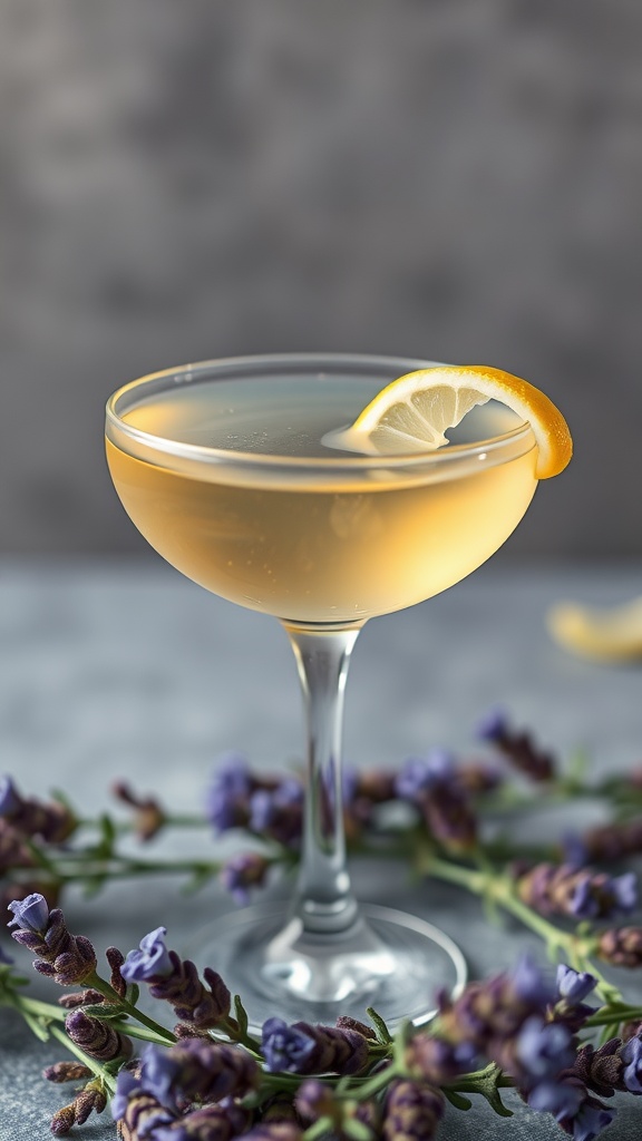 A classy French Blonde cocktail garnished with a lemon slice, surrounded by purple flowers.
