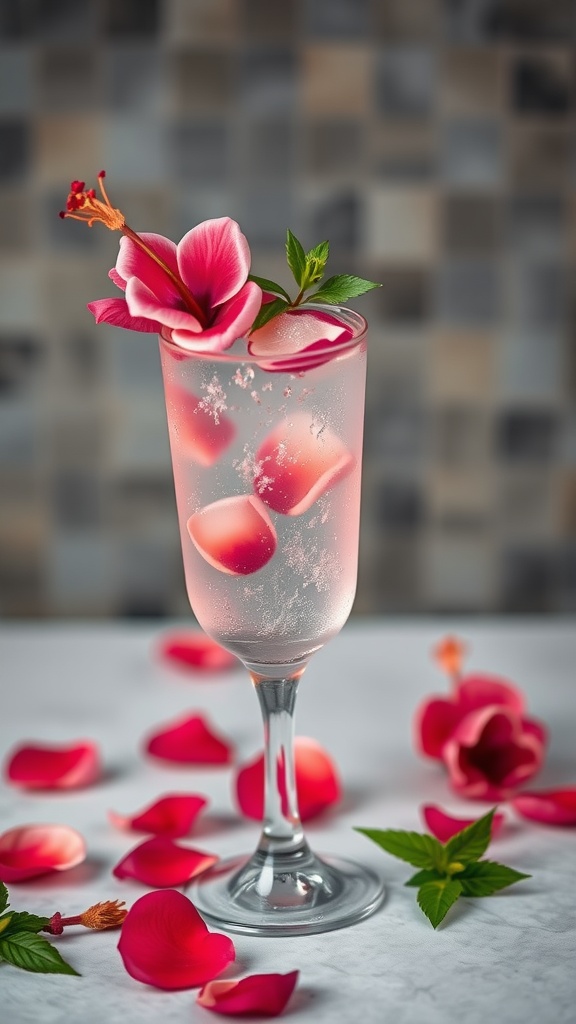 A Hibiscus Rose Spritz cocktail garnished with pink flowers and mint leaves, surrounded by rose petals.