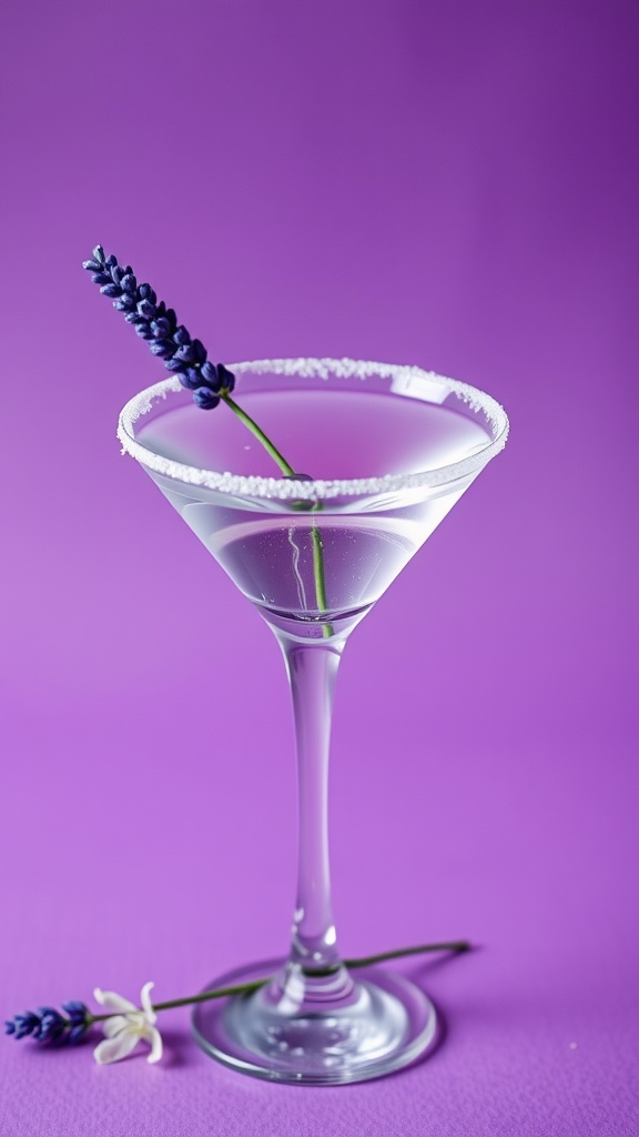 A Lavender Lemon Drop Martini garnished with a lavender sprig, set against a purple background.