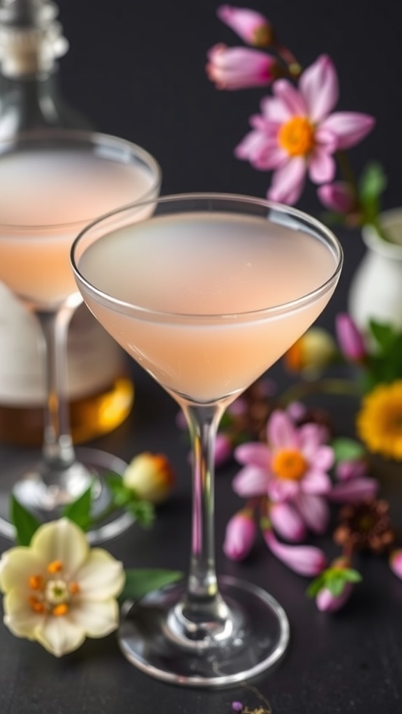 Lavender Lemon Drop Vodka Martini served in a glass with flowers in the background.