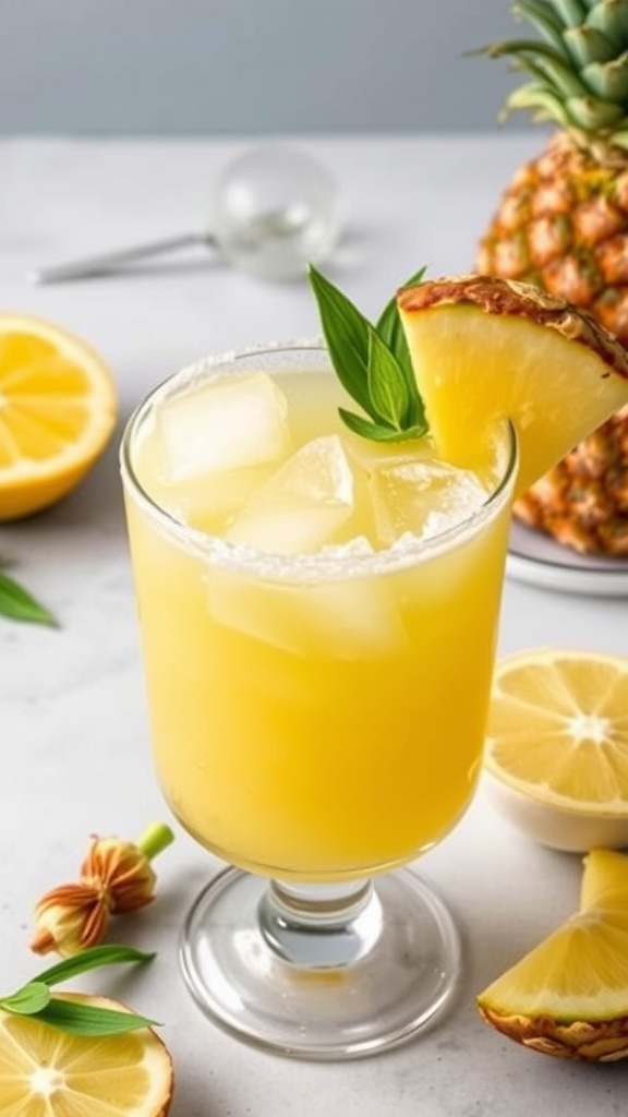A refreshing Pineapple Margarita with a slice of pineapple on the rim, surrounded by fresh fruits.
