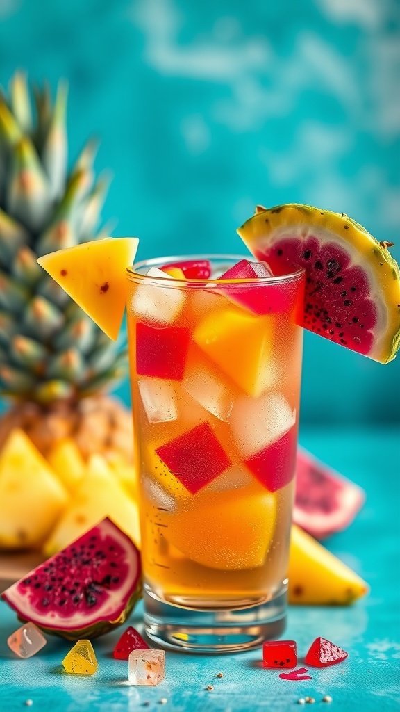 A colorful Pink Dragonfruit Pineapple Fizz cocktail garnished with pineapple and dragonfruit pieces.
