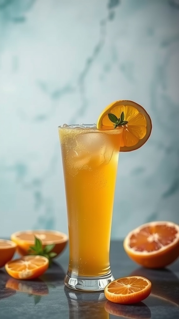 A refreshing Bees Knees cocktail garnished with a lemon slice and surrounded by fresh citrus fruits.