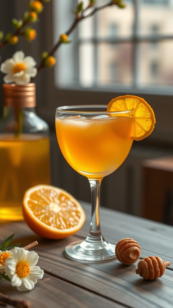 A refreshing Bees Knees mocktail served in a glass with a slice of orange and honey.