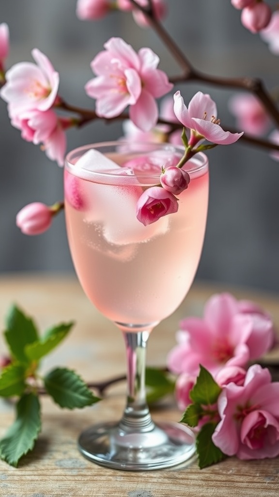 A refreshing cherry blossom cocktail garnished with mint leaves and surrounded by cherry blossom flowers.